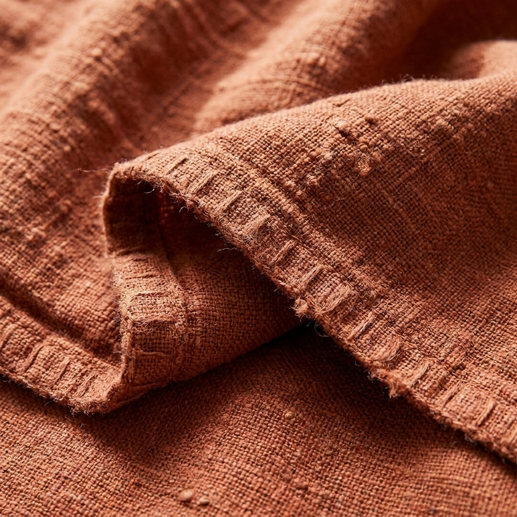Macro of heavyweight stonewashed linen weave and hem