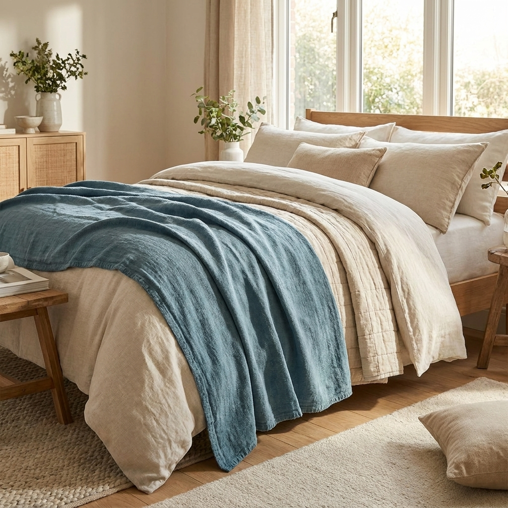 Patina Blue linen throw layered on a bed