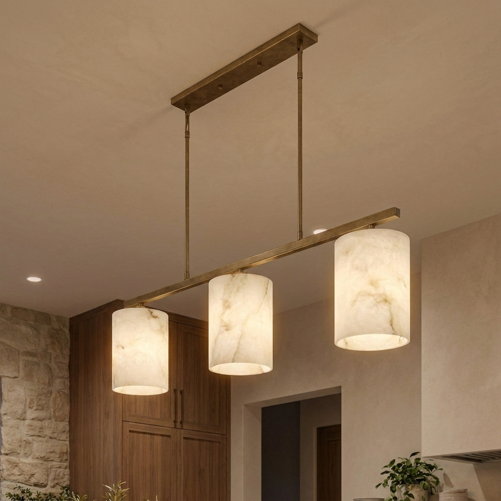 Three-quarter angle of the alabaster linear chandelier frame