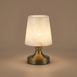 Rechargeable alabaster mini table lamp studio shot with brass base