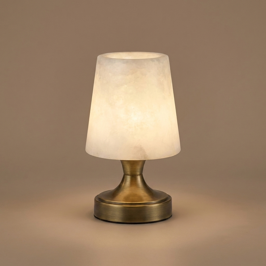 Rechargeable alabaster mini table lamp studio shot with brass base