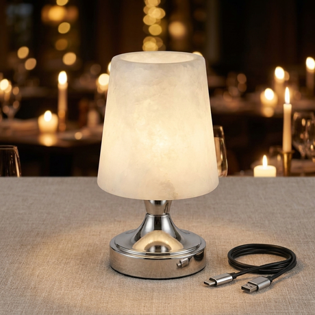 Polished Nickel cordless alabaster lamp with USB-C cable