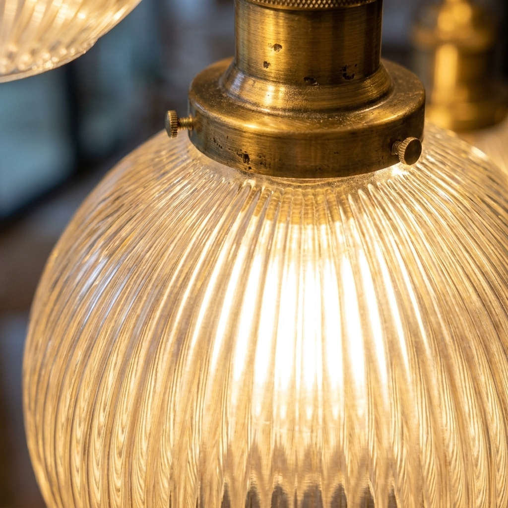 Macro of reeded fluted-glass globe and aged-brass fitting