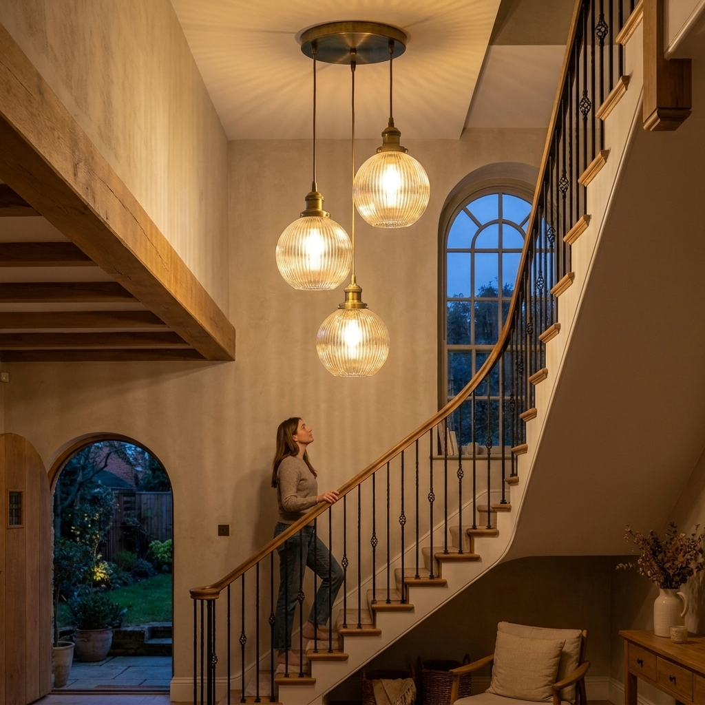 Fluted glass cluster pendant in a two-story stairwell for scale