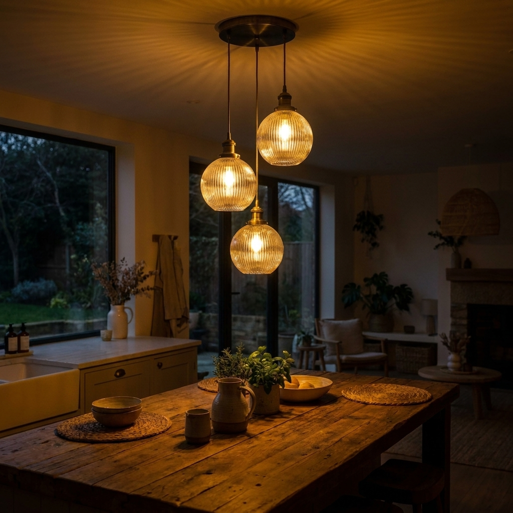 Fluted glass cluster pendant glowing over a dining table at night