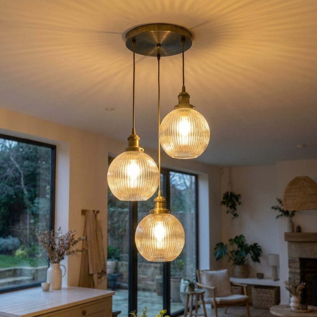 Upward three-quarter view of the fluted glass cluster pendant and brass canopy