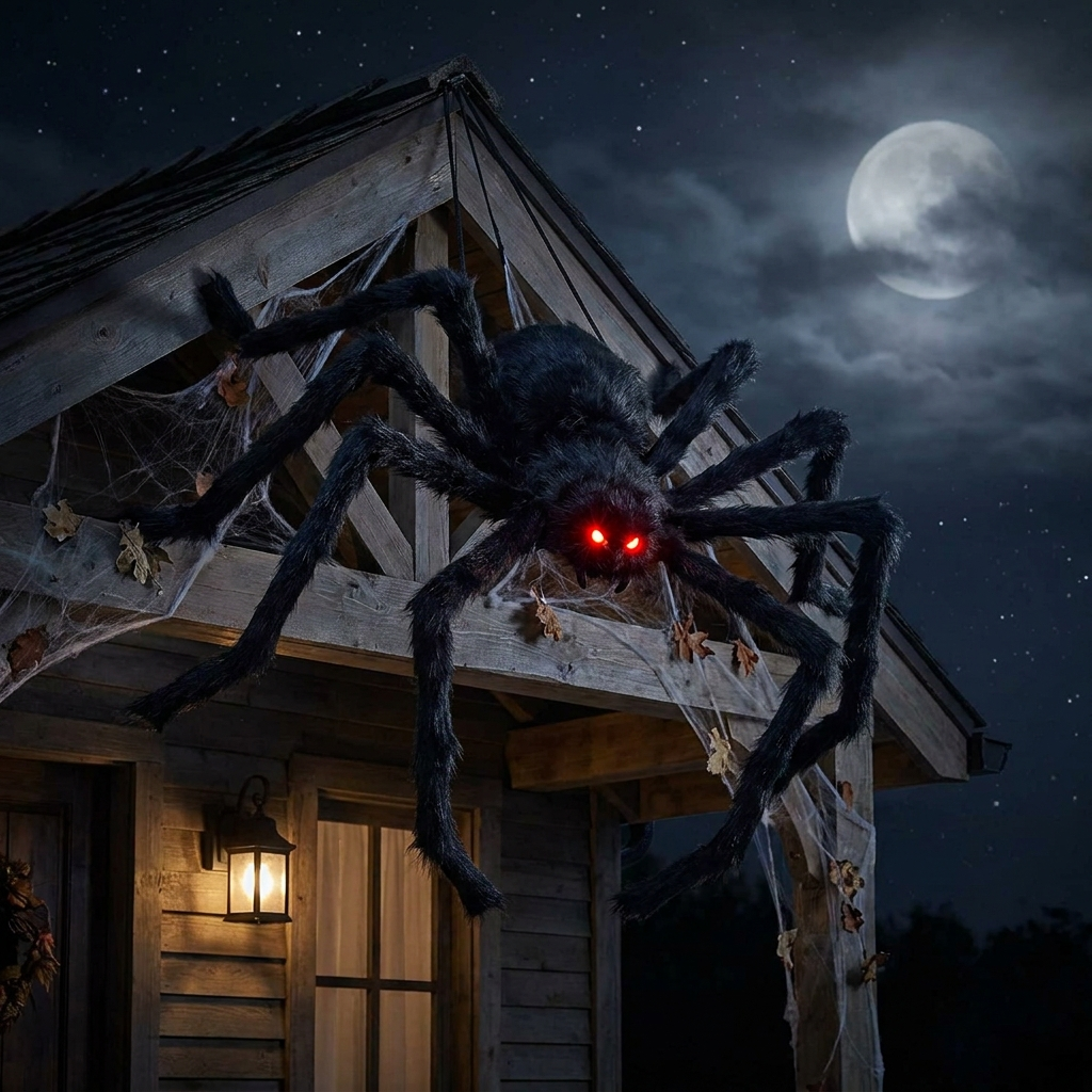 61-inch giant furry hanging Halloween spider with red eyes