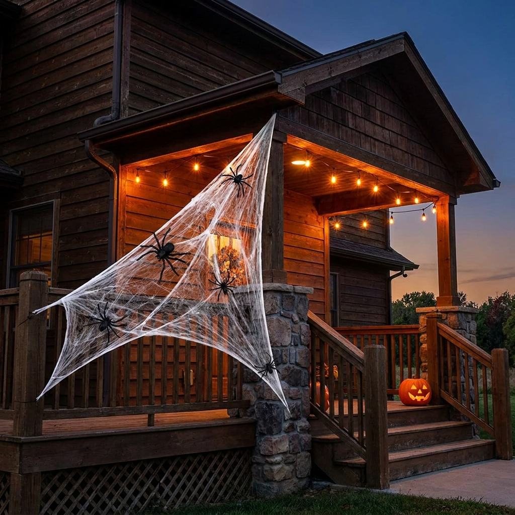 Giant triangular stretch spider web on a house corner with spiders