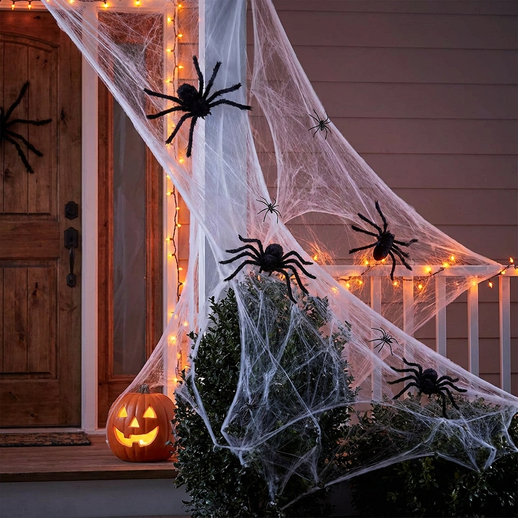 Stretch spider web with spiders draped across a doorway