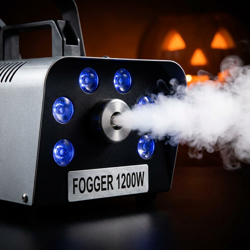 1200W fog machine close-up front with glowing blue LEDs and fog jet