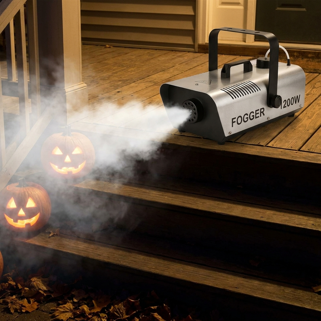 1200W fog machine on a Halloween porch with jack-o-lanterns