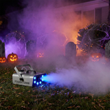 1200W fog machine filling a Halloween front yard with low fog