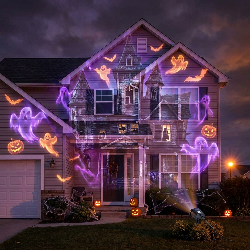 House facade covered in projected Halloween ghosts and pumpkins