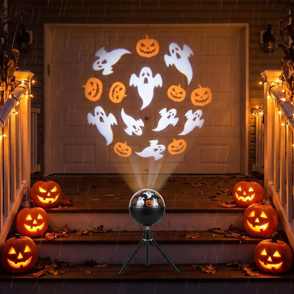 Projector on a porch projecting spooky imagery on a garage door