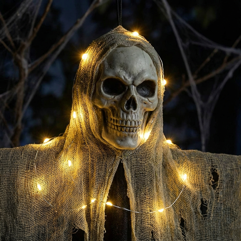 Close-up of skull face and warm LED lights in the gauze robe