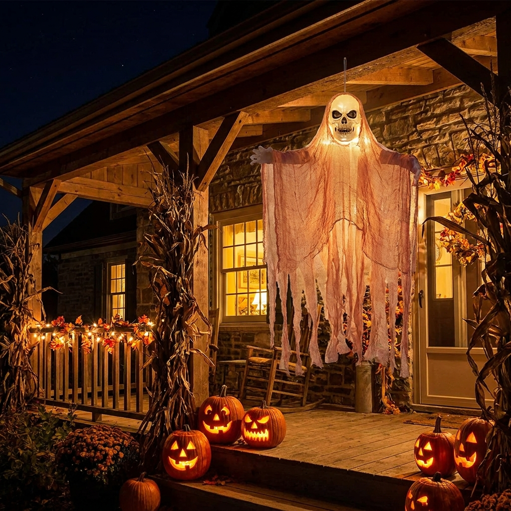 Skull ghost hanging on a Halloween porch with pumpkins
