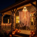 Skull ghost hanging on a Halloween porch with pumpkins