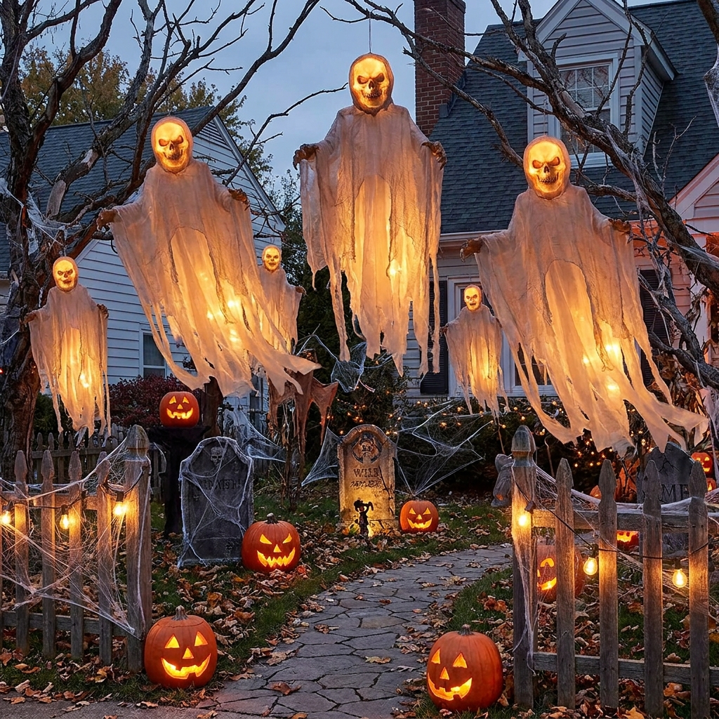 Several glowing skull ghosts in a haunted yard display