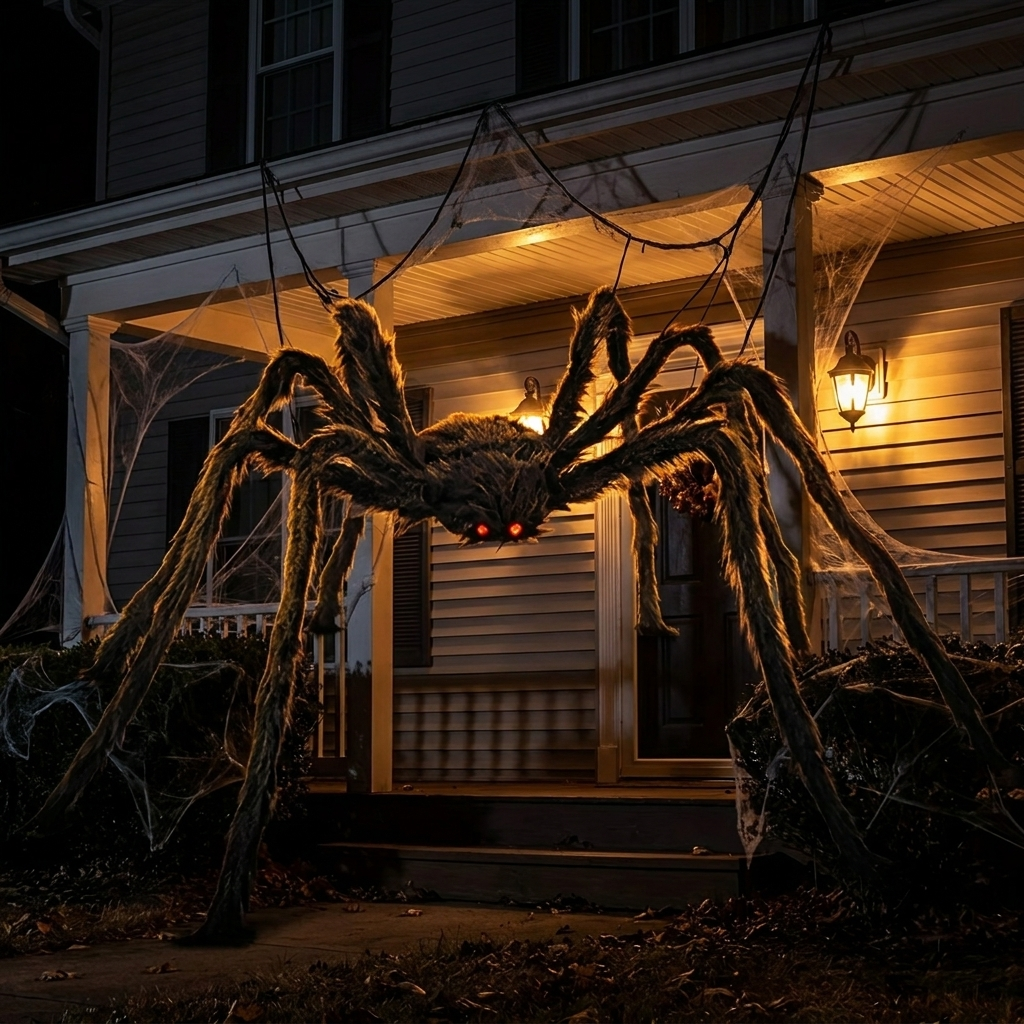 61-inch hanging spider on a house eave at night