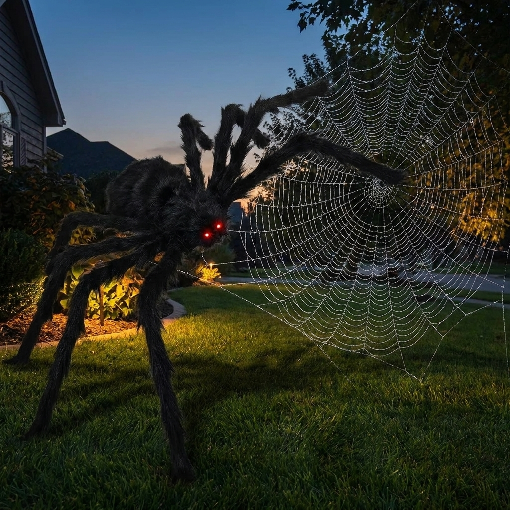 5ft black spider on a lawn beside a web