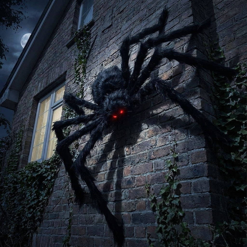 Black spider climbing a house wall at night