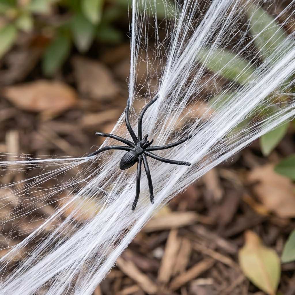 Close-up of stretched cobweb fibers with a spider
