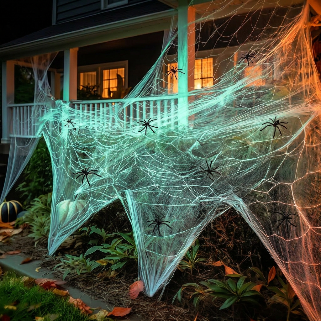 Cobweb over a porch railing and window at night