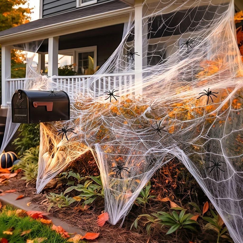 Stretch cobweb across shrubs and a mailbox