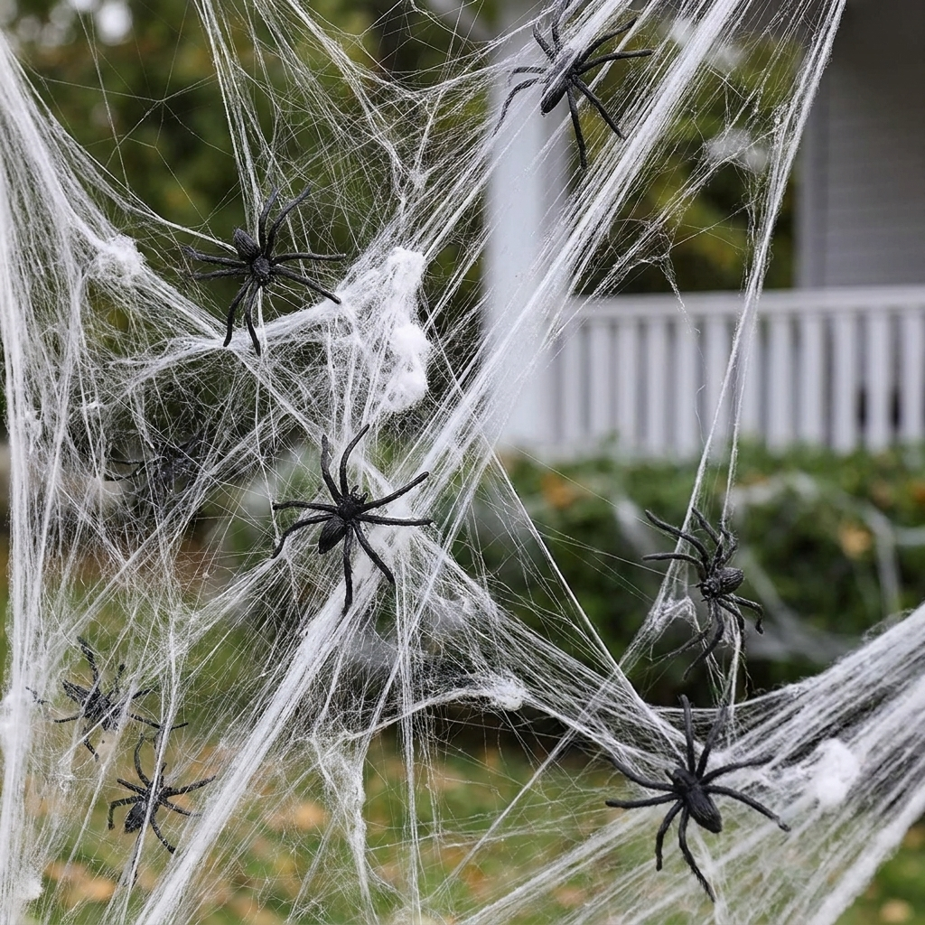 Close-up of stretched cobweb fibers and spiders