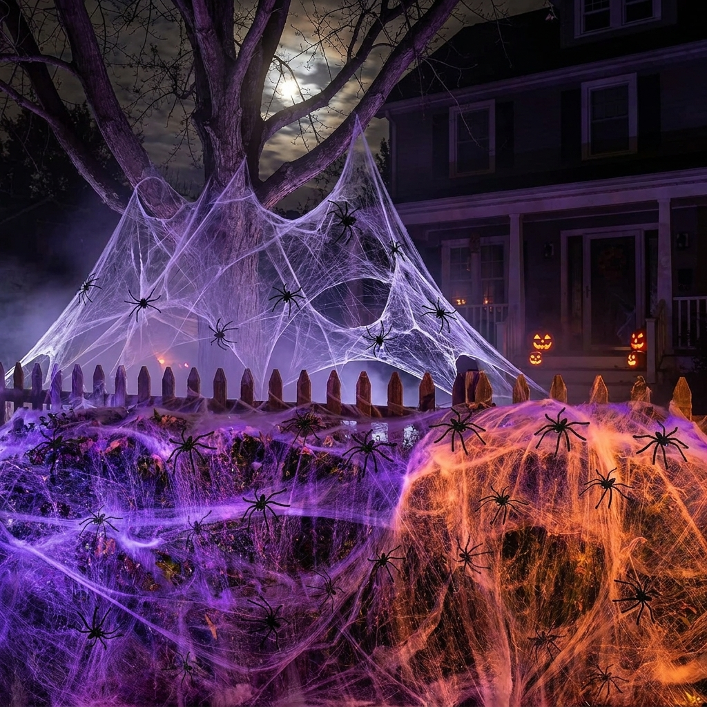 Cobweb over bushes and a tree at night