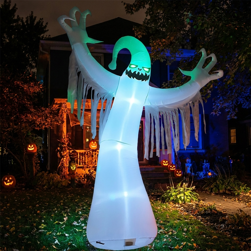 Giant ghost inflatable glowing on a lawn at night