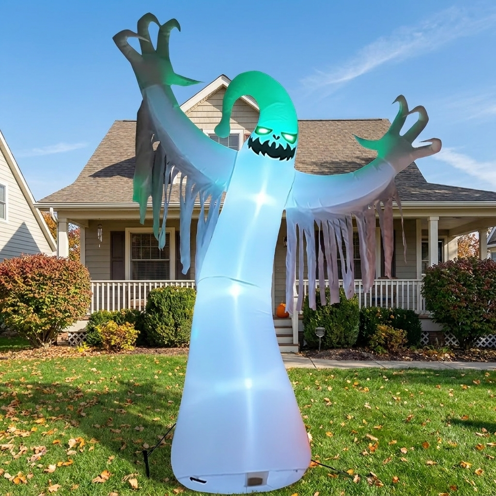 Giant ghost inflatable in a daytime front yard