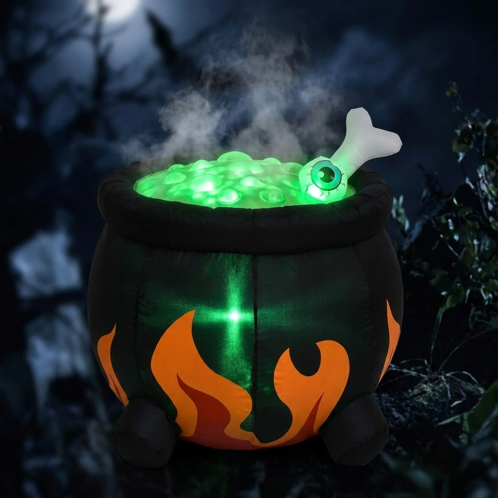 Close-up of the glowing green bubbling cauldron