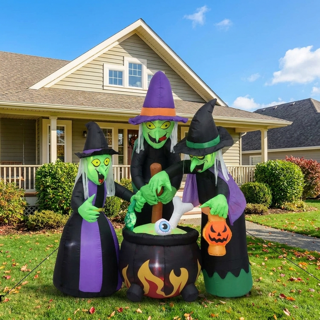 Inflatable cauldron in a daytime front yard