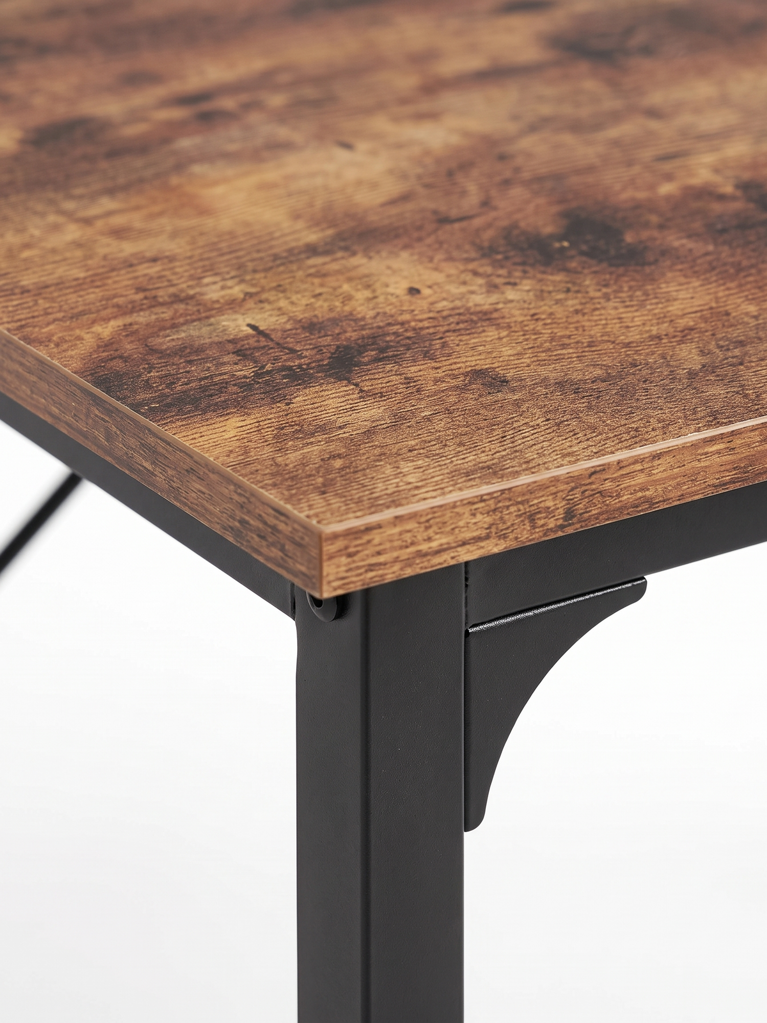 Meridian wood-grain corner and steel bracket, close-up