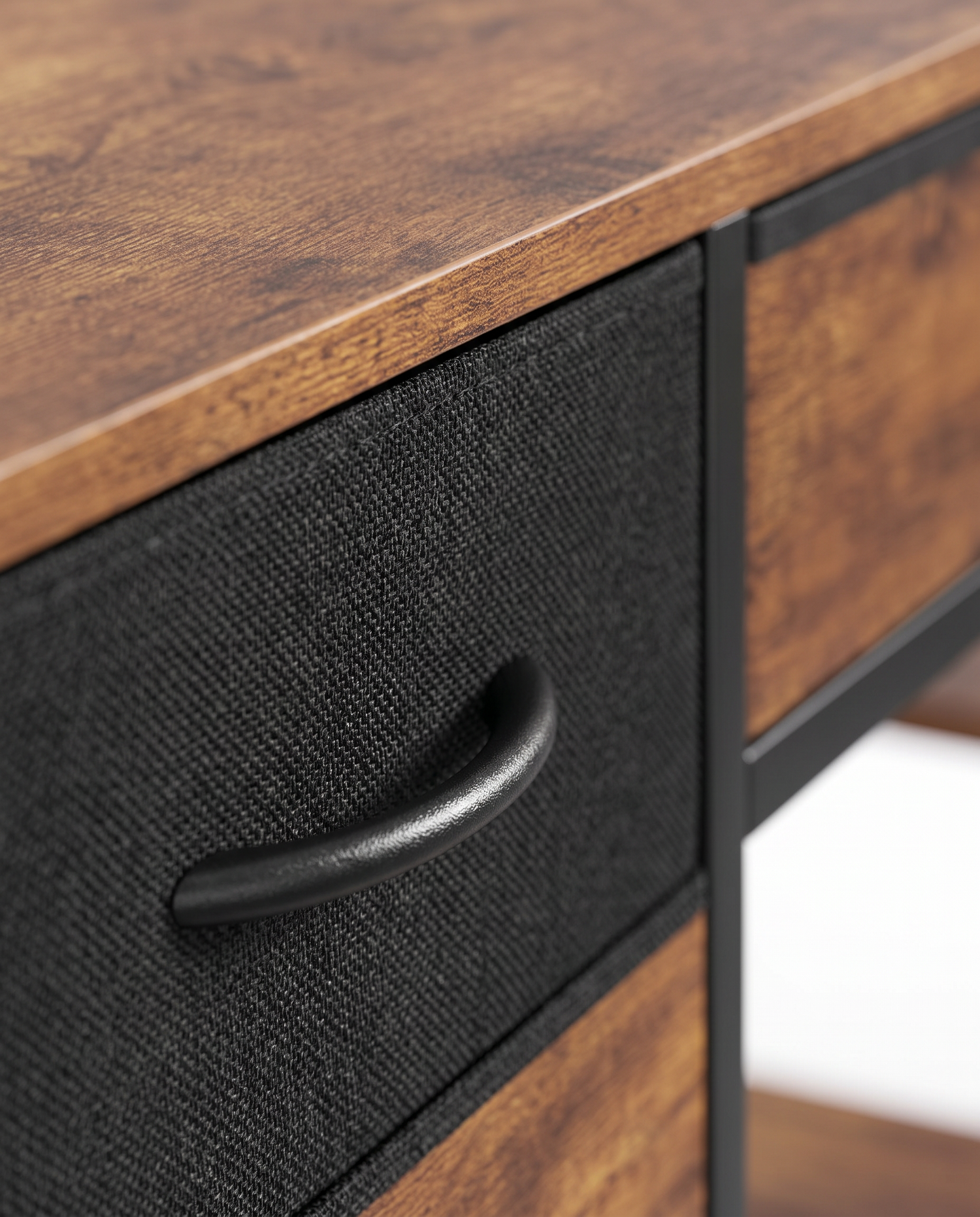 Atelier fabric storage drawer and handle, close-up