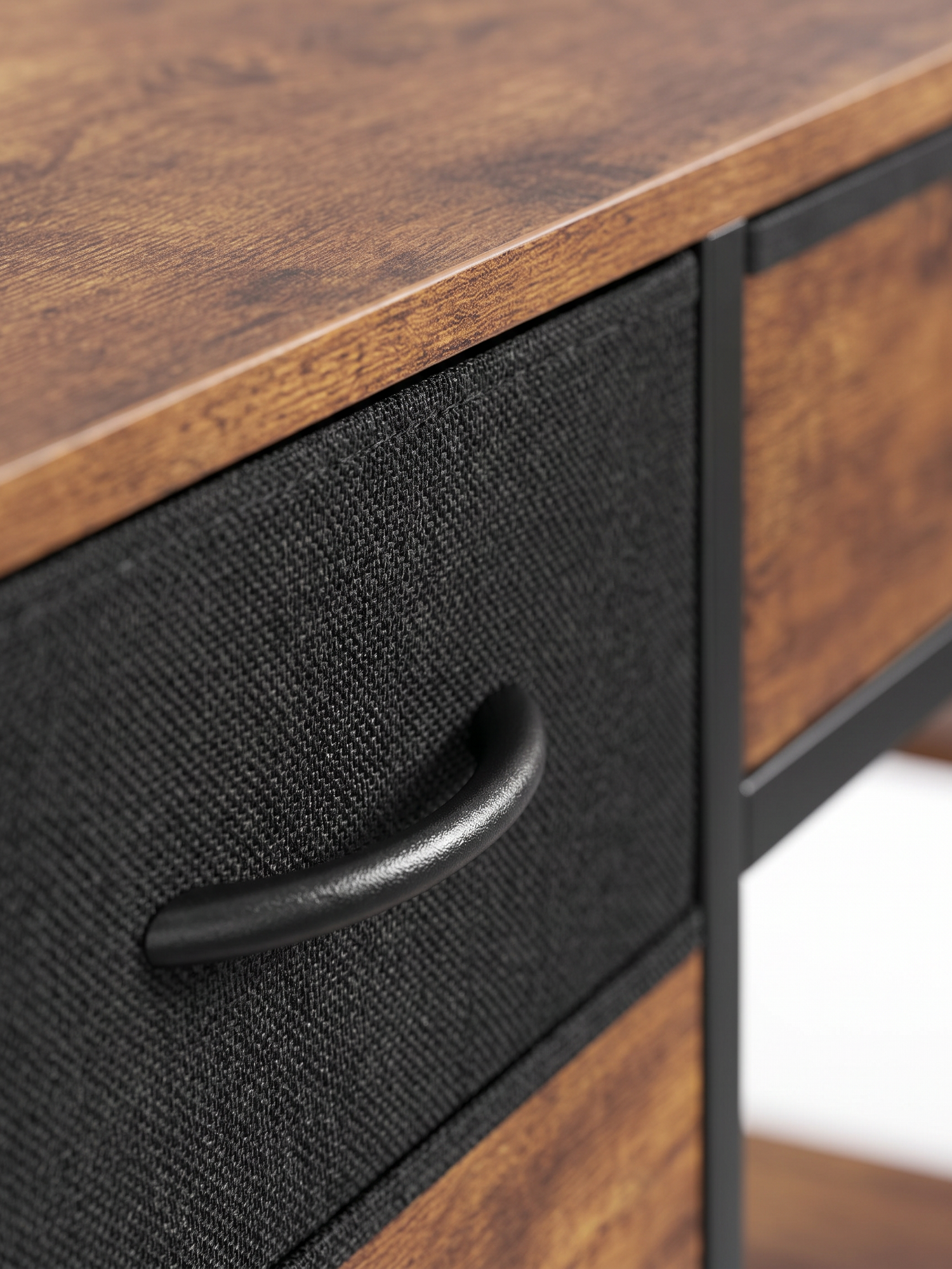 Atelier fabric storage drawer and handle, close-up