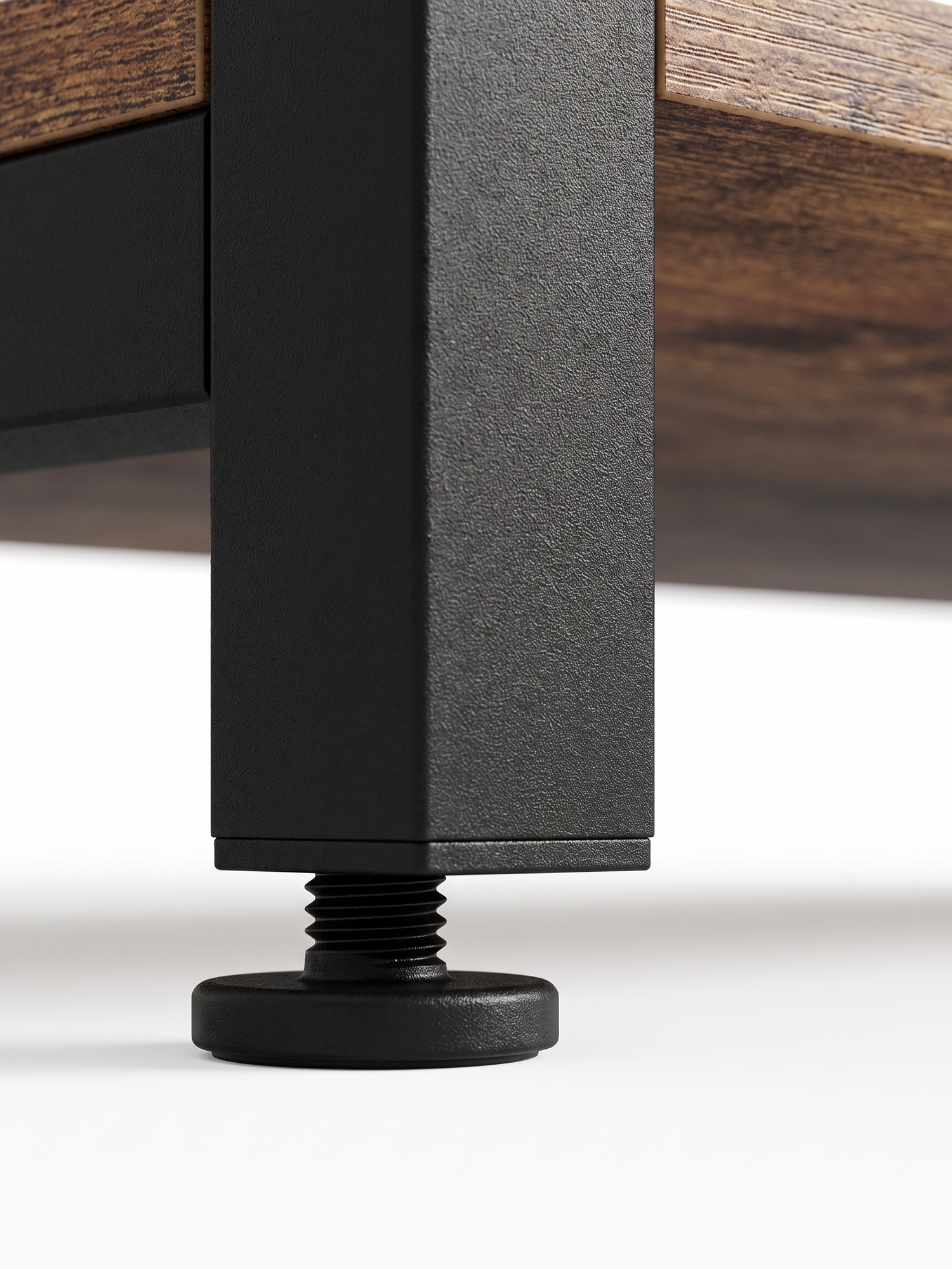 Meridian steel leg and floor glide, close-up
