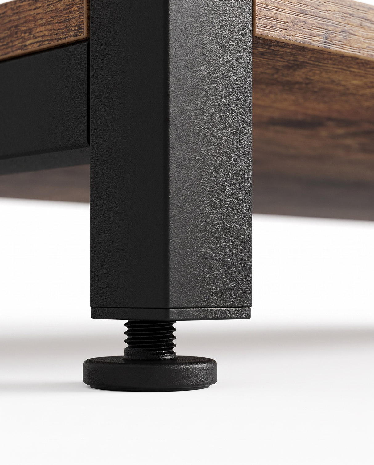 Meridian steel leg and floor glide, close-up
