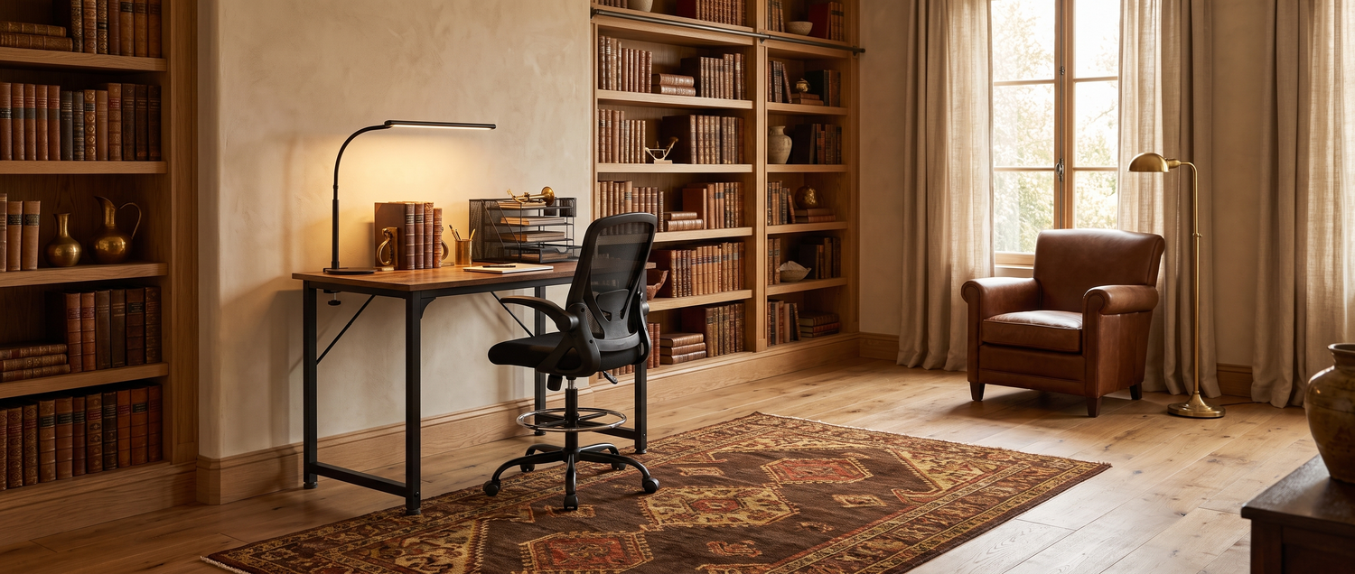 Meridian rustic computer desk in a warm library-study with chair, lamp and organizer — lifestyle