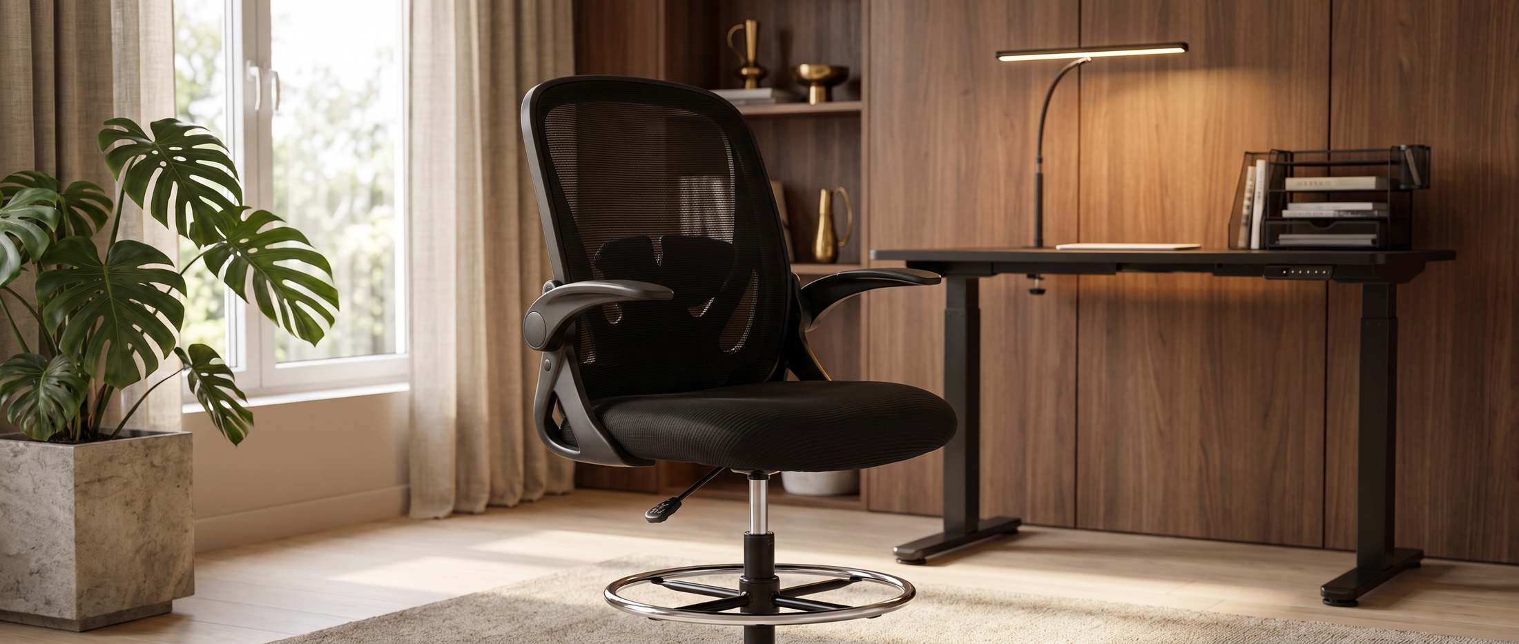 Perch tall drafting chair in a warm executive study with standing desk, lamp and organizer — lifestyle