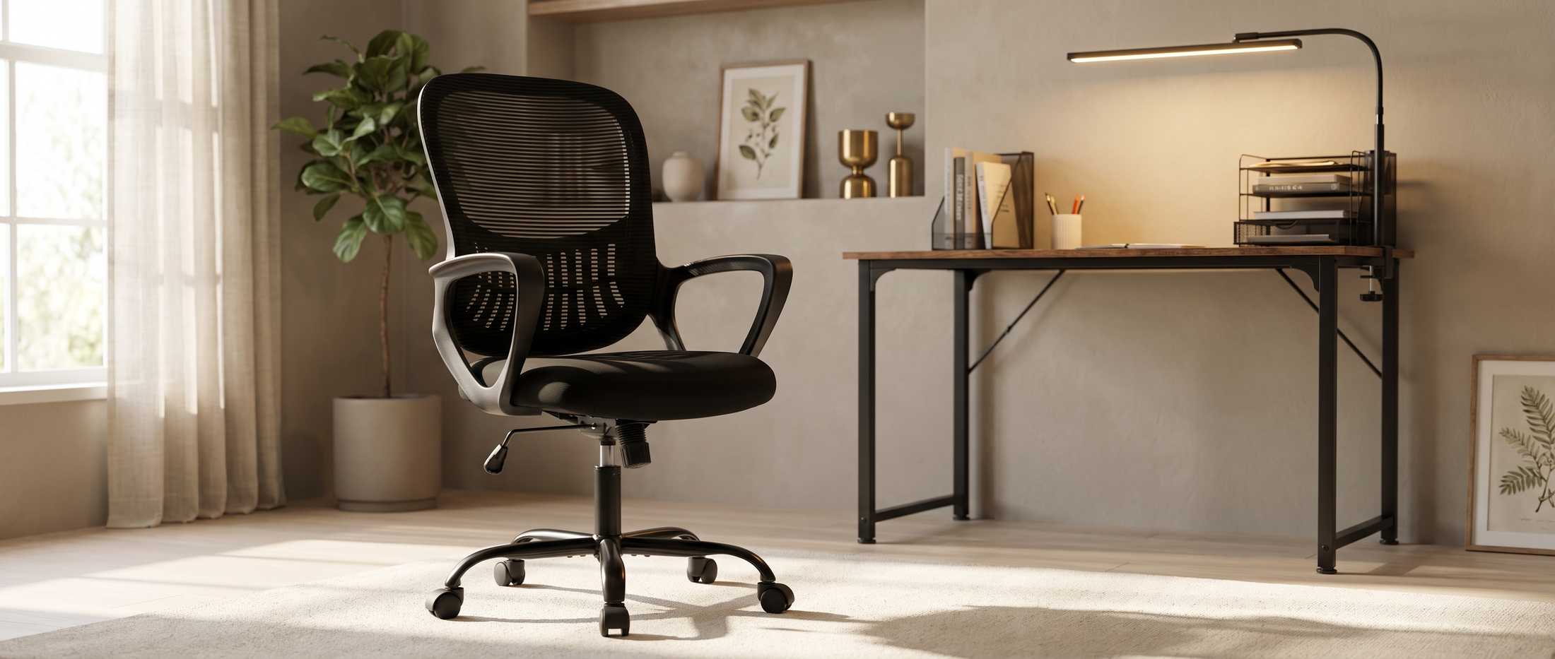 Brisa mesh office chair in a bright home office with desk, lamp and organizer — lifestyle