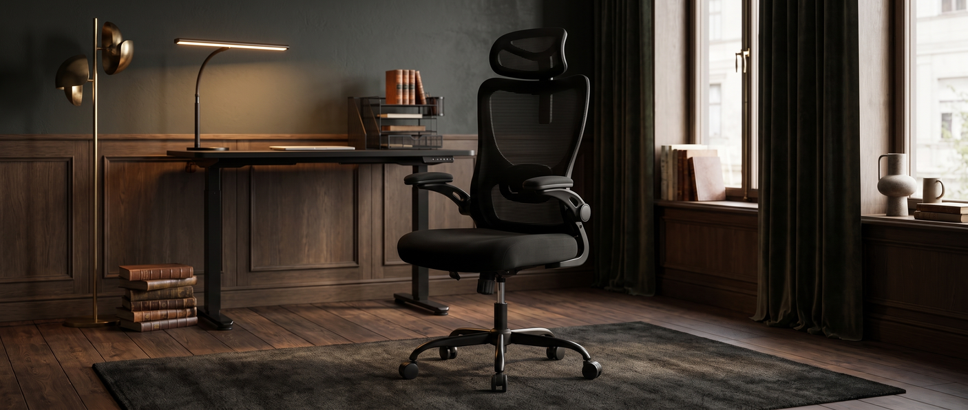 Aria high-back ergonomic chair in a moody executive study with standing desk, lamp and organizer — lifestyle