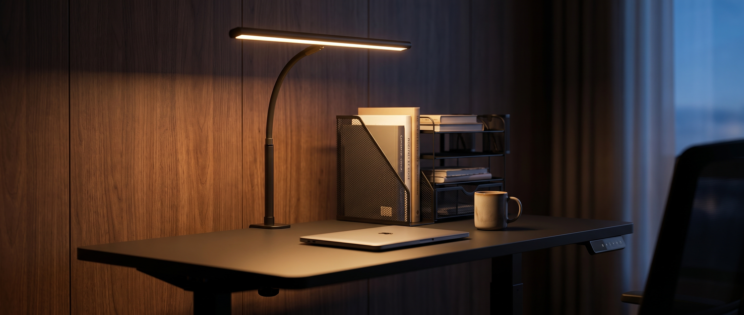 Solene LED bar lamp glowing over a night desk with organizer — lifestyle