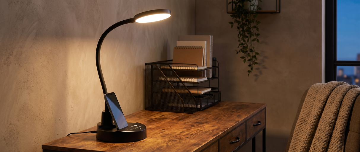 Lume base lamp glowing on a desk with a phone charging from its USB base — lifestyle