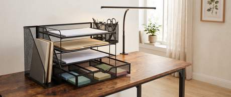 Ordine mesh desk organizer styled with papers and pens on a bright desk — lifestyle
