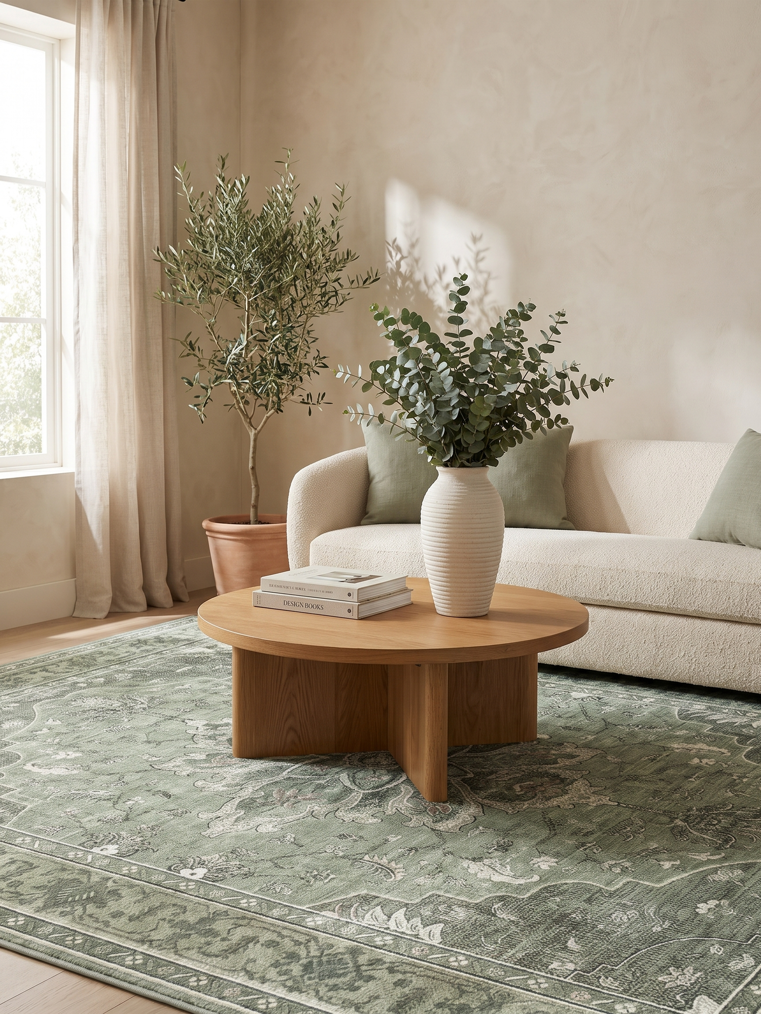 Juniper sage vintage medallion rug in a warm modern-organic living room with ceramic vase — lifestyle