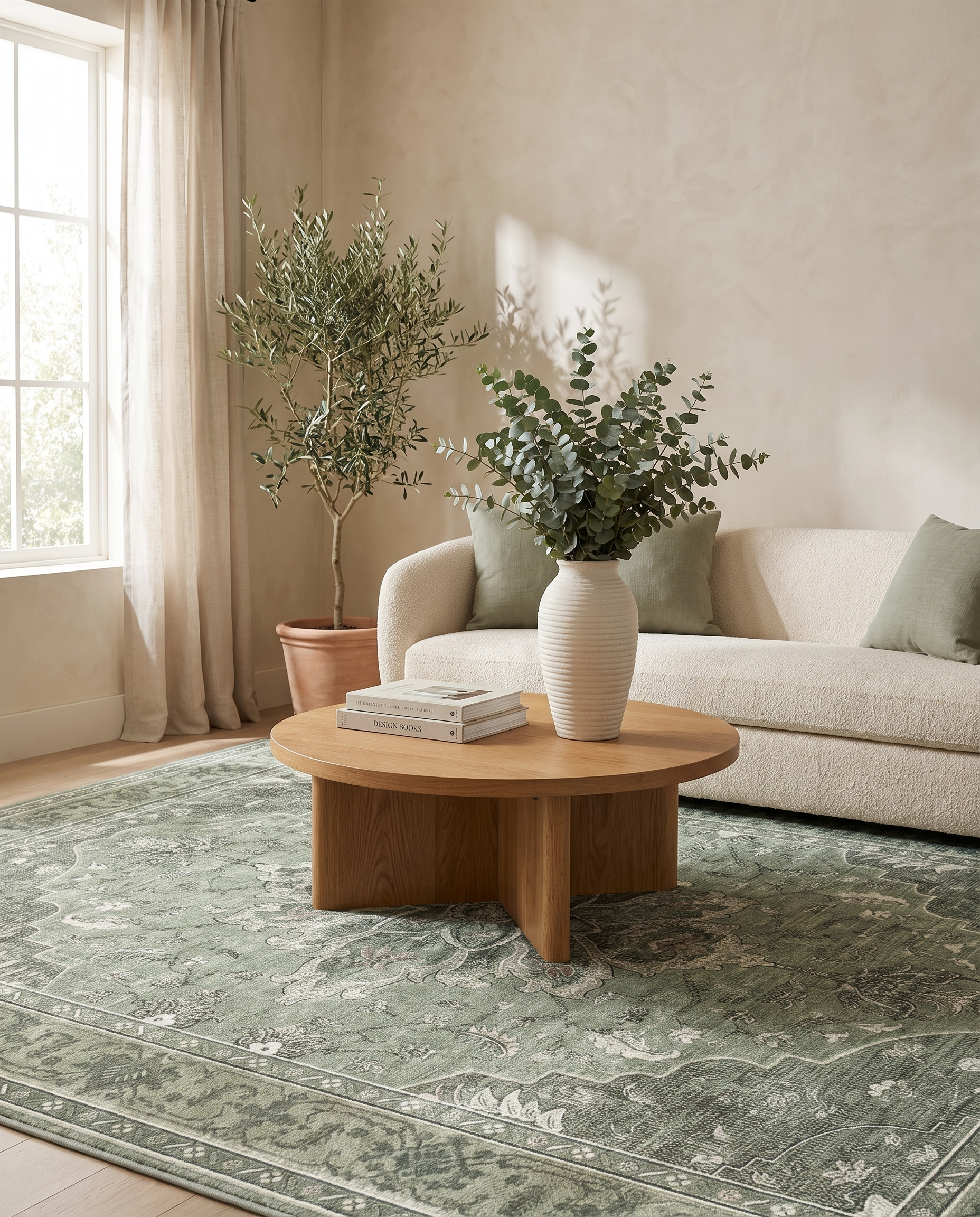 Juniper sage vintage medallion rug in a warm modern-organic living room with ceramic vase — lifestyle