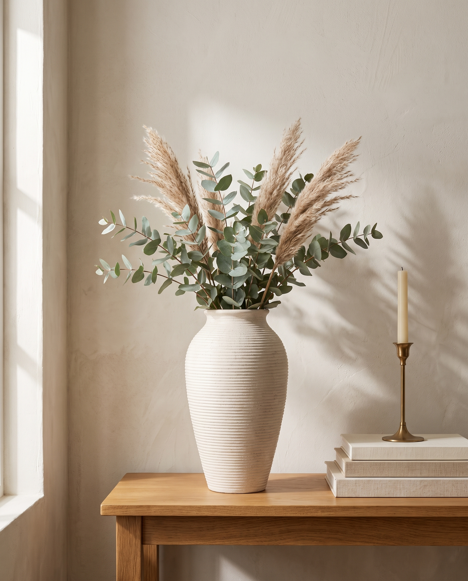 Willa ribbed ceramic vase with eucalyptus on an oak console — lifestyle