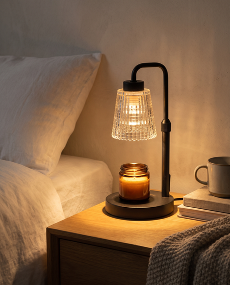 Ember candle warmer lamp glowing on a nightstand at night — lifestyle